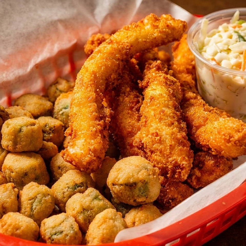 Red basket of golden fried fish, shrimp, and hush puppies served with creamy coleslaw.
