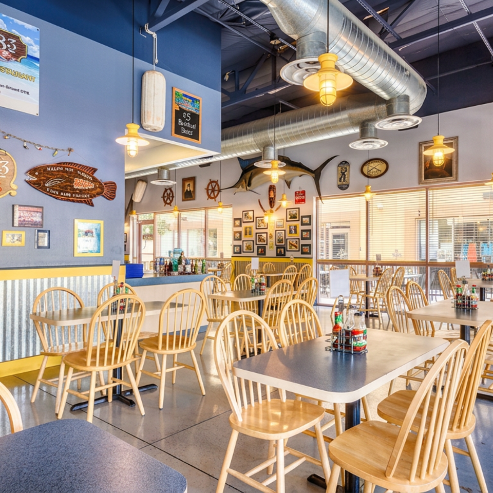Bright Pier 83 seafood restaurant dining room with empty tables, wooden chairs, nautical decorations, exposed ductwork, and large windows.