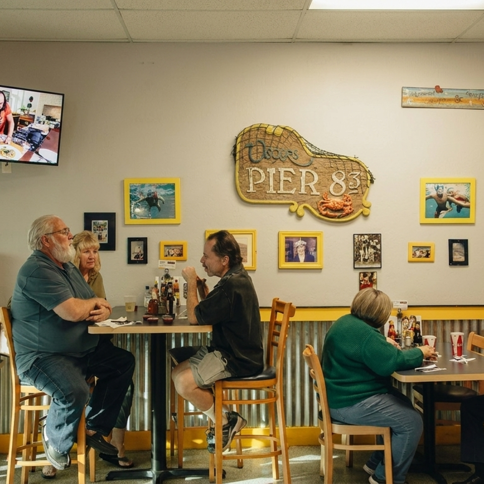 Customers dine inside Oscar's Pier 83 restaurant, surrounded by fishing memorabilia, framed photographs, and nautical decor.