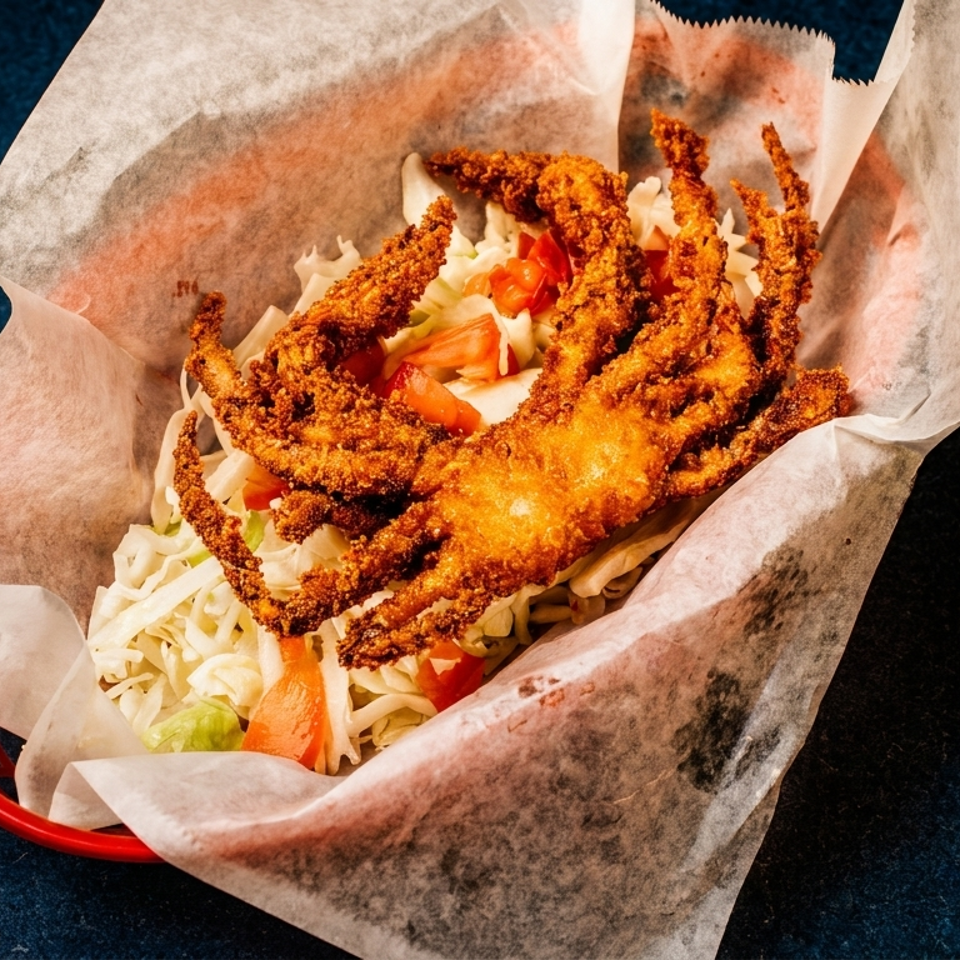 Basket of crispy fried soft-shell crab served over shredded cabbage, lettuce, and sliced tomatoes in parchment paper.