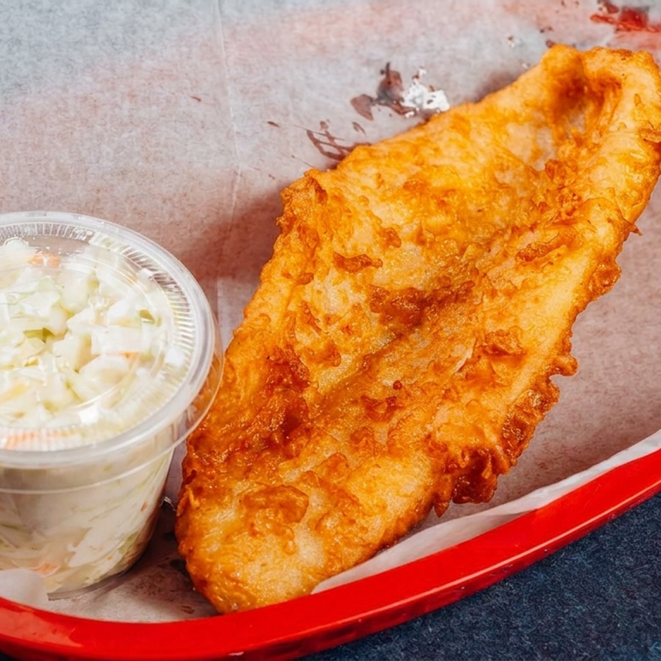 Golden battered fish fillet served in a red basket with a cup of creamy coleslaw.