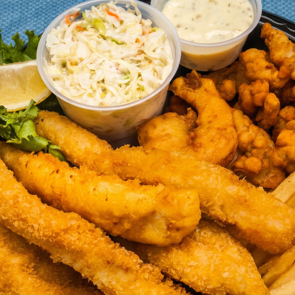 Platter of golden fried seafood, French fries, coleslaw, dipping sauce, lemon wedge, and lettuce garnish on a black plate.