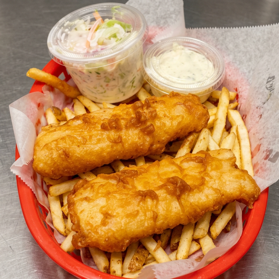 Two battered fish fillets served over French fries with tartar sauce and coleslaw in a red basket.
