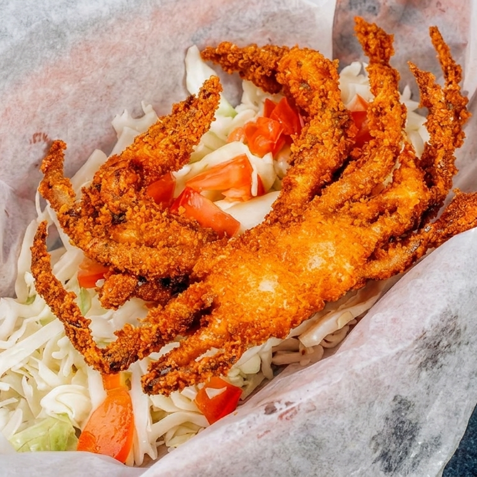 Basket of crispy fried soft-shell crab over shredded cabbage and chopped tomatoes, wrapped in parchment paper.
