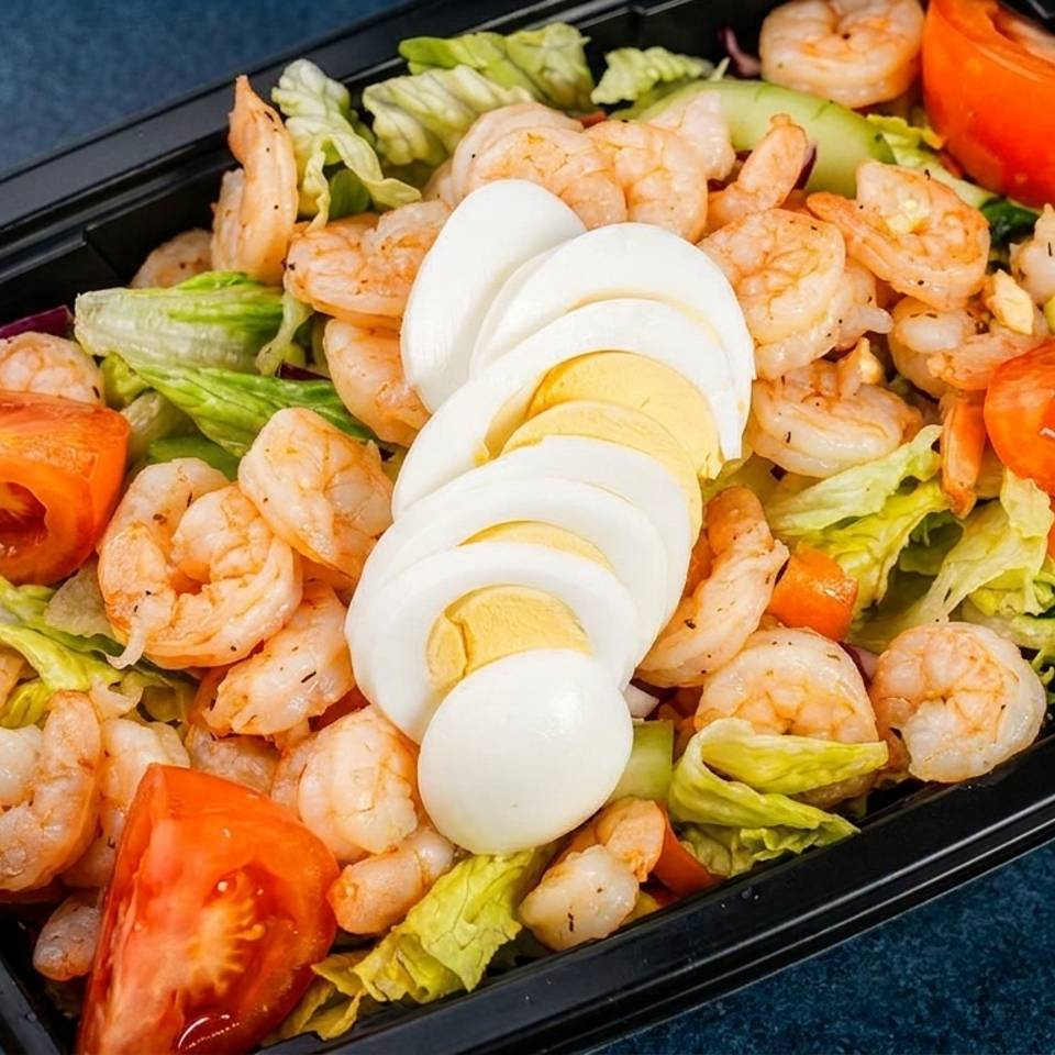 Shrimp salad with lettuce, tomato wedges, cucumber, carrots, and sliced hard-boiled egg in a black container.