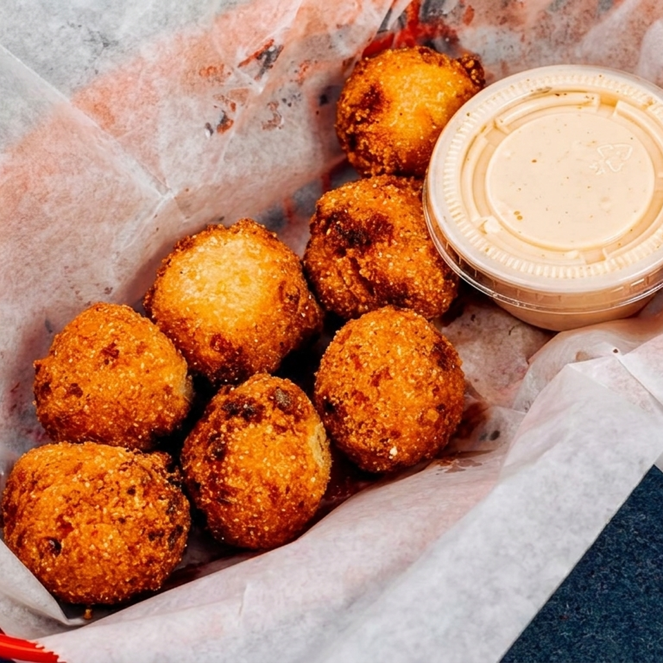 Basket of eight golden fried hush puppies served with a cup of creamy dipping sauce.