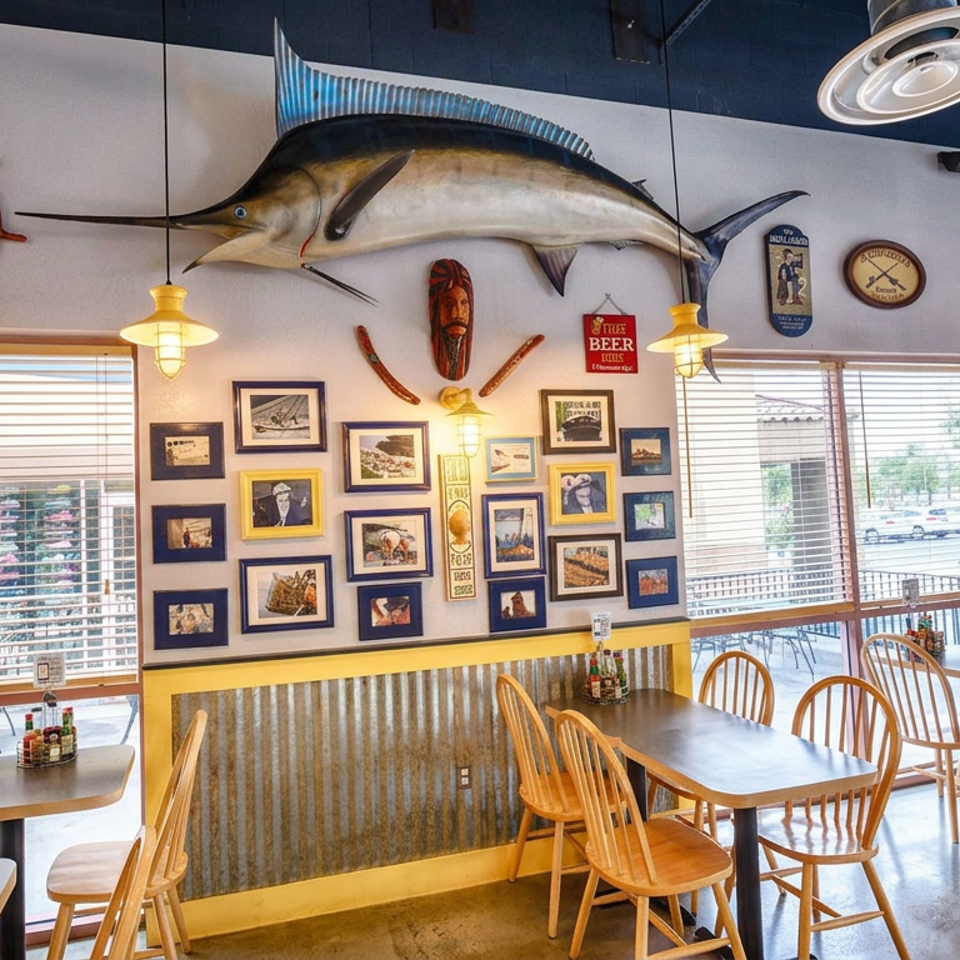 Bright nautical-themed restaurant interior with wooden tables, chairs, maritime decor, framed photographs, and a mounted marlin.