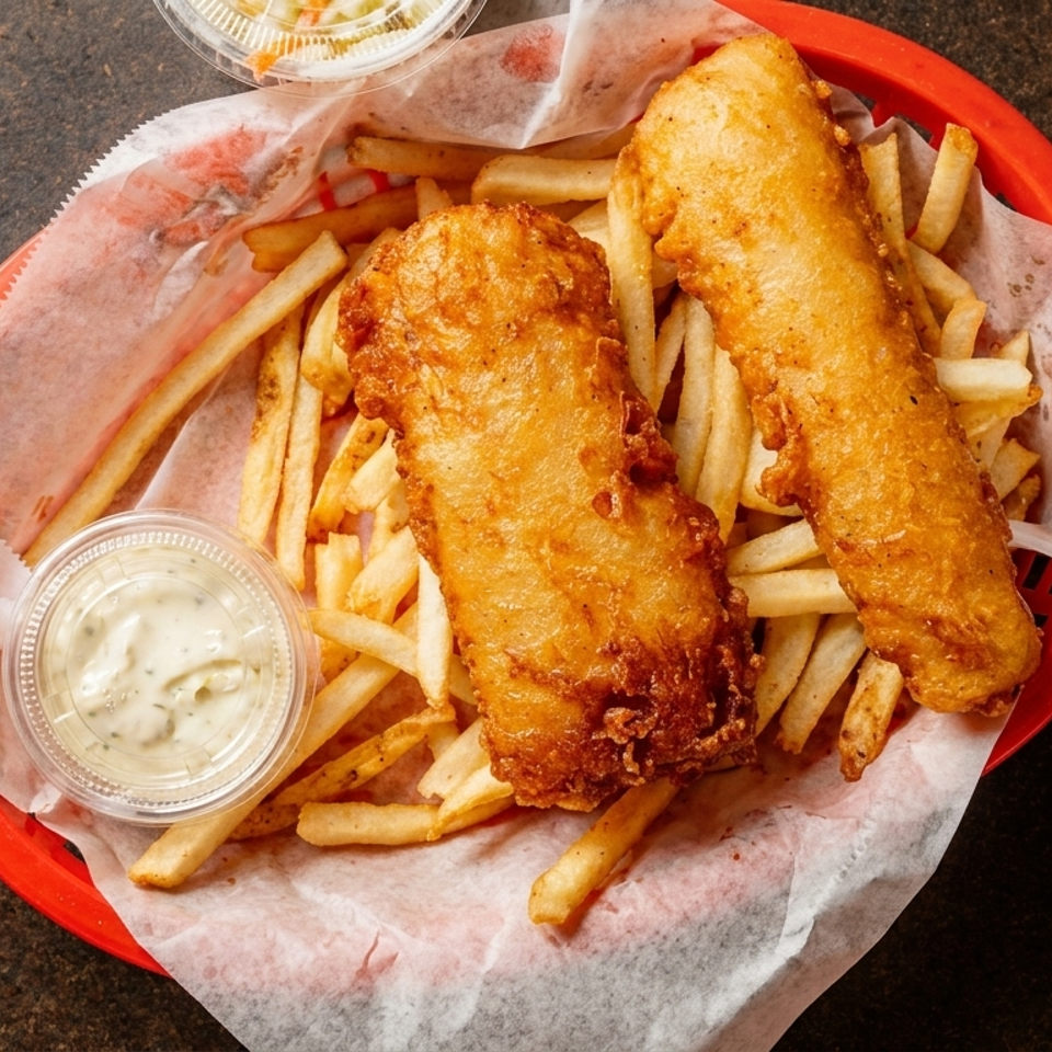 Two pieces of golden fried fish served with French fries, tartar sauce, and coleslaw in a red basket.