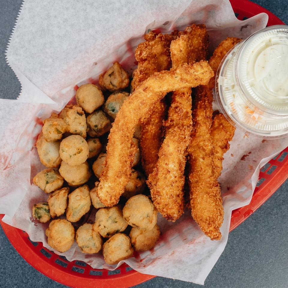Basket of crispy fried fish strips and bite-sized seafood pieces served with creamy dipping sauce.